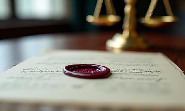Stately illustration of a wax seal and legal scales representing integrity